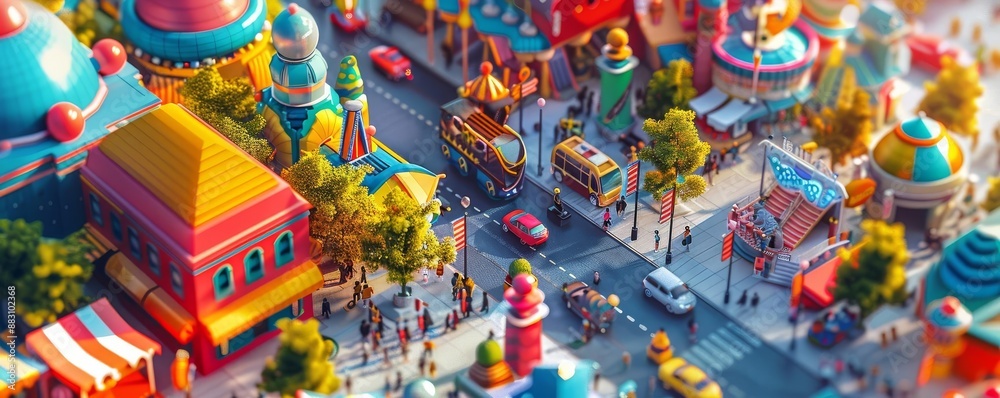 Fototapeta premium Aerial shot of a vibrant street festival with colorful decorations and diverse performances, Pop Art, Bold, 3D render, lively and multicultural celebration