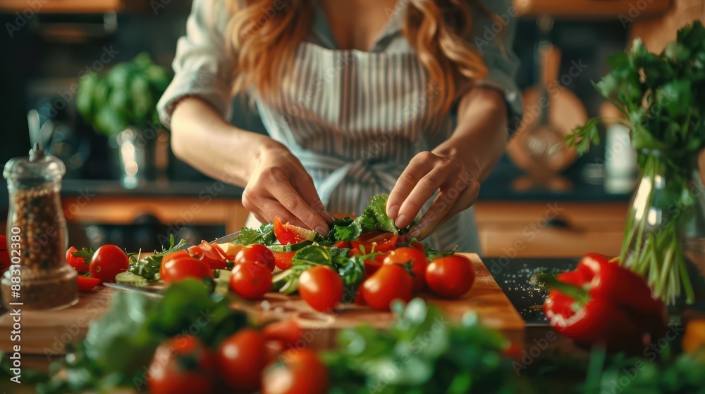 Close-up of a girl preparing vegetables for a salad with a chef, focus on, vibrant, fusion, cozy kitchen backdrop Close-up of a girl preparing vegetables for a salad with a chef, focus on, vibrant, fusion, cozy kitchen backdrop