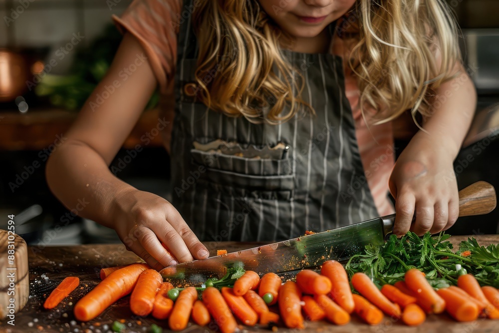 Close-up of a girl slicing carrots for a salad with a chef, knife in hand, focus on, dynamic, composite, farmhouse kitchen backdrop Close-up of a girl slicing carrots for a salad with a chef, knife in hand, focus on, dynamic, composite, farmhouse kitchen backdrop
