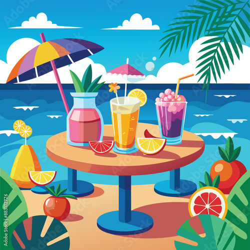Set of cute summer icons. Hand drawn vector illustration. Flamingo, toucan, tropical palm leaves, fruits, food, drinks. Summertime poster, scrapbooking elements