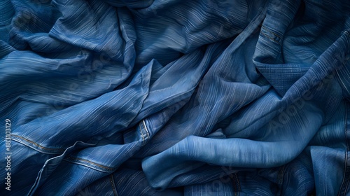 Pile of blue colored folded and crumple denim pants placed in light studio. 