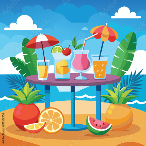 Set of cute summer icons. Hand drawn vector illustration. Flamingo, toucan, tropical palm leaves, fruits, food, drinks. Summertime poster, scrapbooking elements