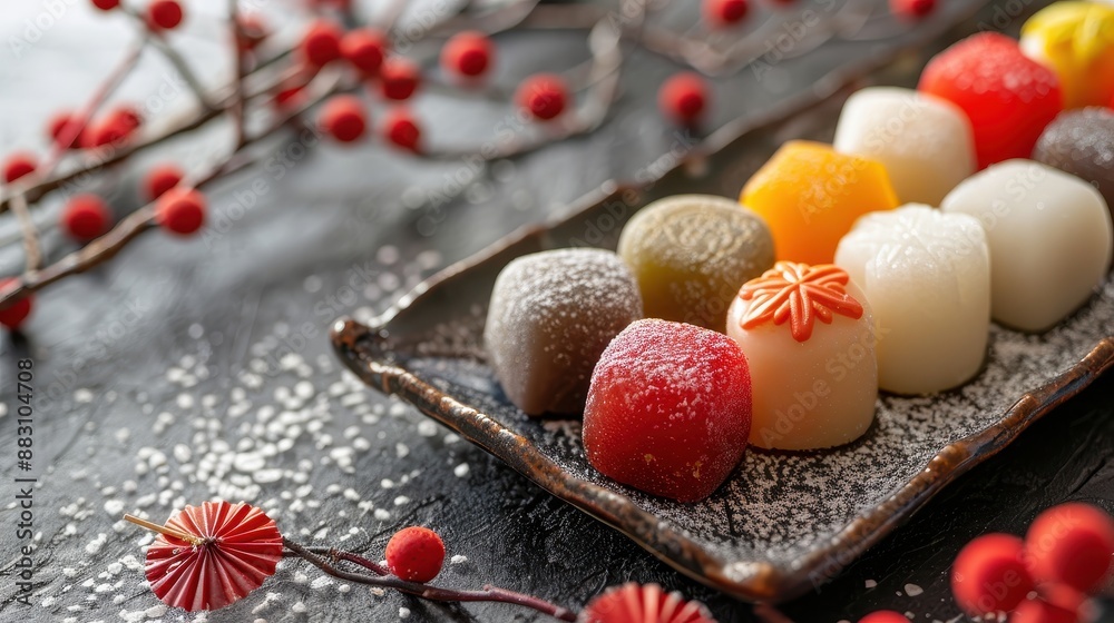 Colorful traditional Japanese sweets on a black tray with red berries, showcasing a variety of flavors and festive decorations. Colorful traditional Japanese sweets on a black tray with red berries, showcasing a variety of flavors and festive decorations.