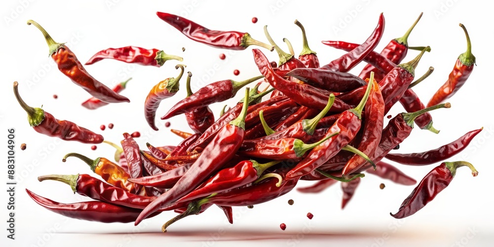 Fototapeta premium Isolated red chili peppers flying on white backdrop