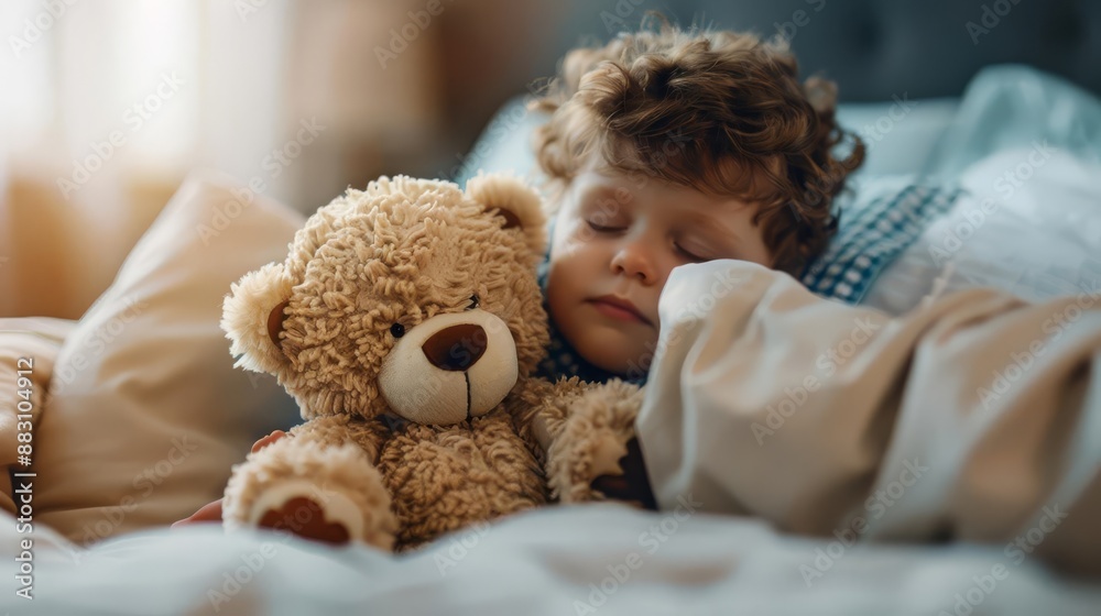A young child peacefully sleeping in bed while cuddling a teddy bear, capturing a serene and heartwarming moment of innocence and comfort. A young child peacefully sleeping in bed while cuddling a teddy bear, capturing a serene and heartwarming moment of innocence and comfort.