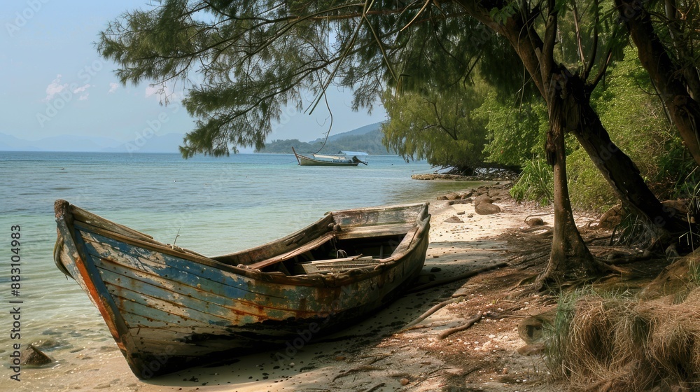 Serene Scene of an Old Fishing Boat Anchored Near a Quiet Beach Serene Scene of an Old Fishing Boat Anchored Near a Quiet Beach