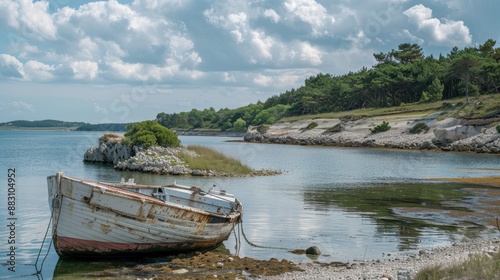 Peaceful Anchorage: Old Fishing Boat by Secluded Beach