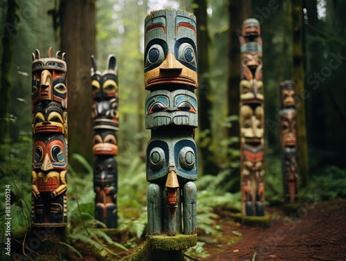 Serene Forest Scene Featuring Traditional Native American Totem Poles Amidst Nature's Beauty