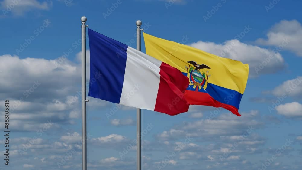 Ecuador and France flags flying together, video concept of the relationship, two country relations concept Ecuador and France flags flying together, video concept of the relationship, two country relations concept