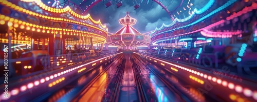 Drone perspective of a vibrant carnival at night with neon lights and thrilling rides, Psychedelic, Neon, 3D render, exciting and dynamic nightlife scene