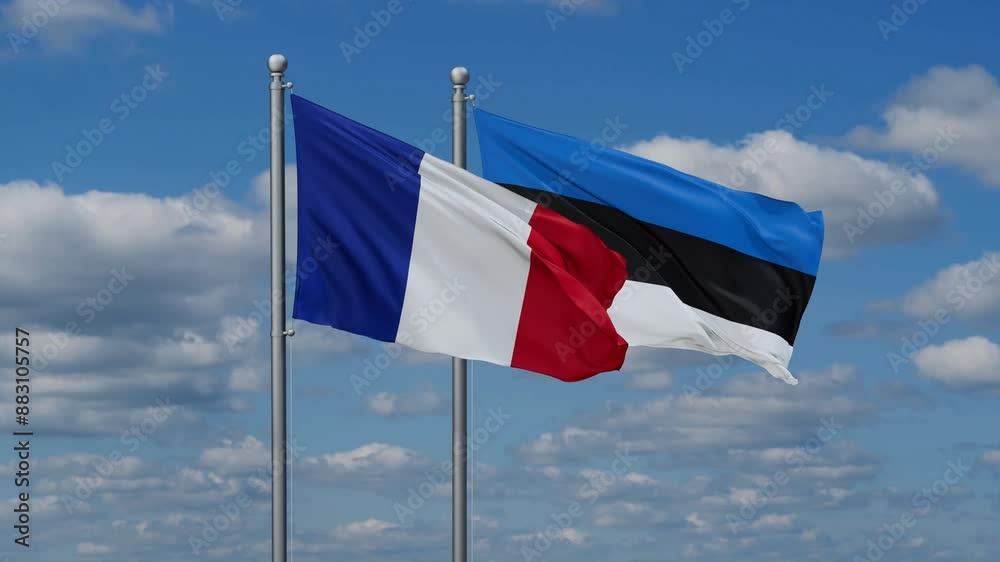 Estonia and France flags flying together, video concept of the relationship, two country relations concept Estonia and France flags flying together, video concept of the relationship, two country relations concept