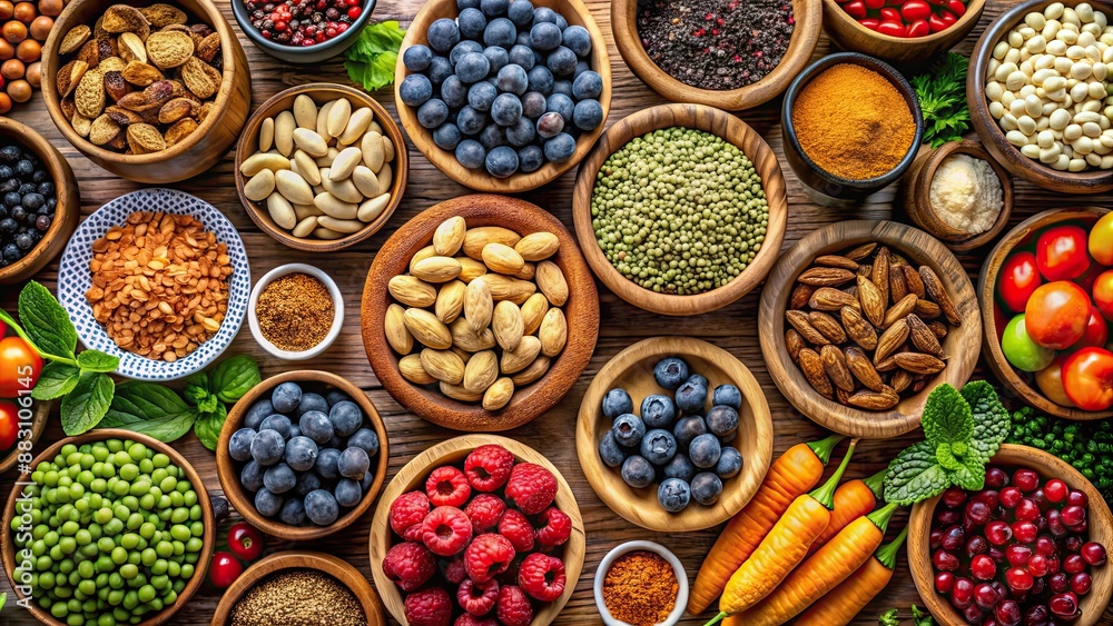 Assortment of healthy foods such as nuts, seeds, and berries arranged neatly for nutrition and wellness concept, healthy Assortment of healthy foods such as nuts, seeds, and berries arranged neatly for nutrition and wellness concept, healthy