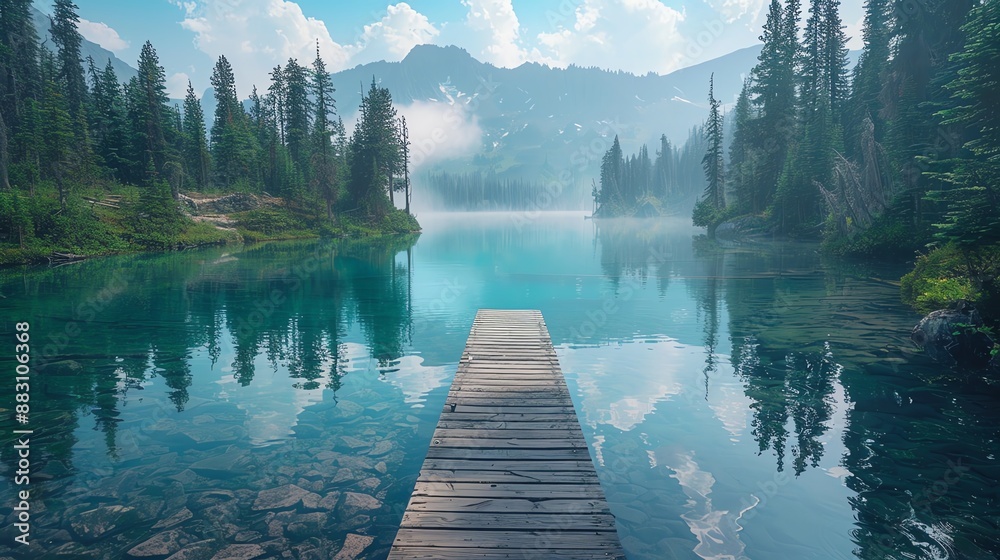 Tranquil mountain lake surrounded by pine trees, crystal-clear water reflecting the sky, a small wooden dock extending into the lake
