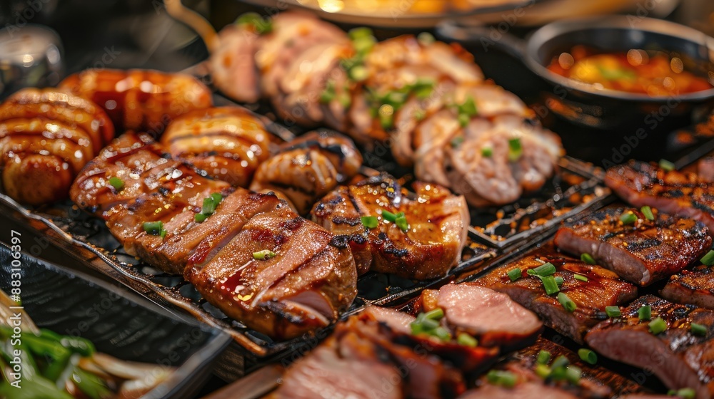 Variety of grilled meats and soups with meat and green vegetables at 45 degree angles Variety of grilled meats and soups with meat and green vegetables at 45 degree angles