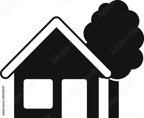 Simple icon representing a small house with a tree, symbolizing home, nature, and comfortable living