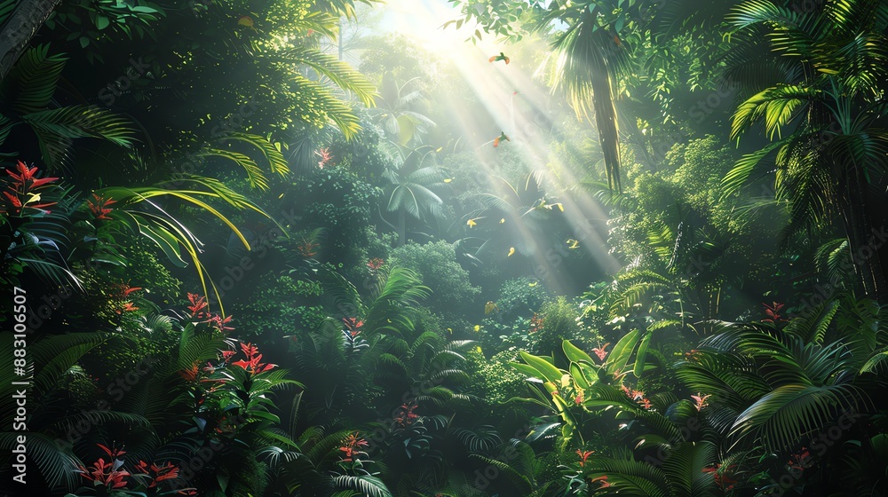 Tropical rainforest with towering trees, dense foliage, vibrant birds and exotic plants, sunlight breaking through the canopy Tropical rainforest with towering trees, dense foliage, vibrant birds and exotic plants, sunlight breaking through the canopy