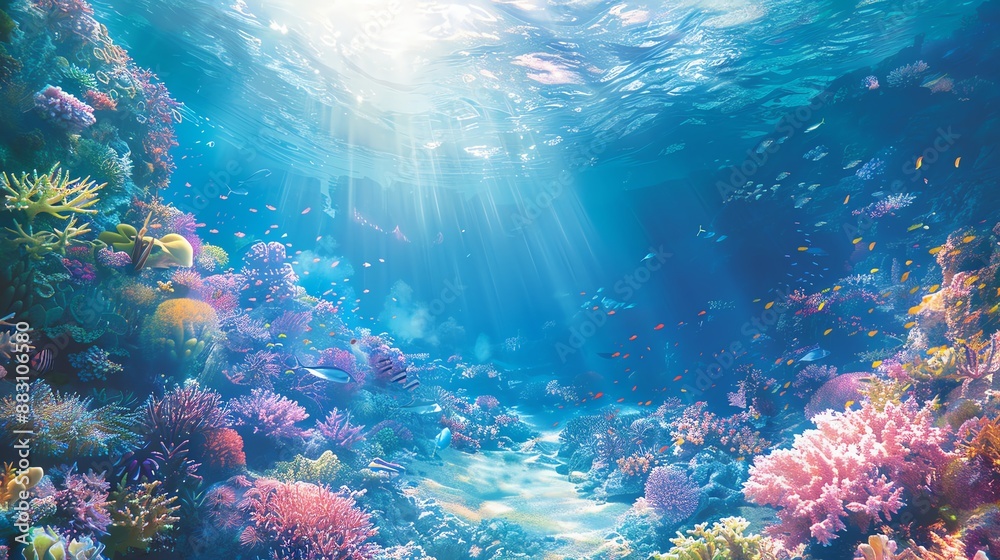Vibrant coral reef, teeming with marine life, clear blue water, and sunlight streaming through Vibrant coral reef, teeming with marine life, clear blue water, and sunlight streaming through
