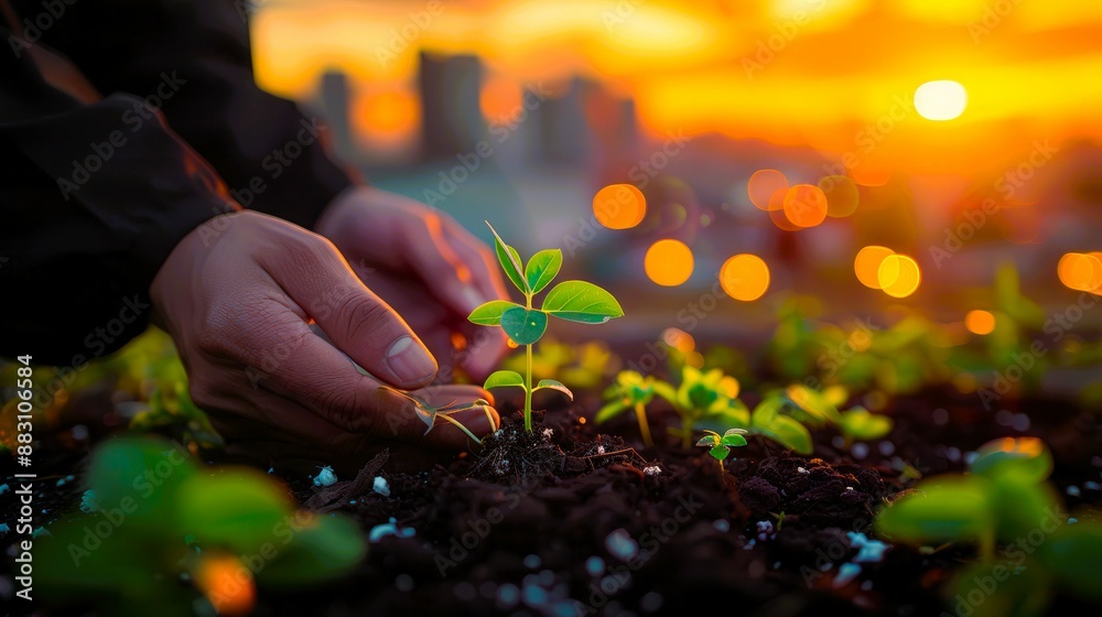 Fototapeta premium Close-up of hands nurturing a young plant growing in soil with a cityscape and sunset in the background.