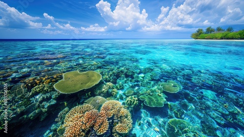 Tranquil Coral Reef Paradise: Colorful Marine Life in Shallow Waters