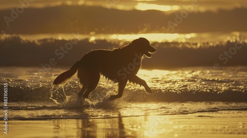 Joyful Dog Running Along Shoreline Chasing Waves in a Playful Moment of Freedom and Exploration