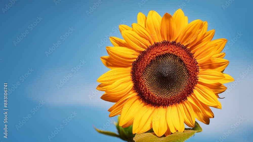 Isolated sunflower bloom with vibrant yellow petals and brown center against a blue sky, cheerful and bright Isolated sunflower bloom with vibrant yellow petals and brown center against a blue sky, cheerful and bright