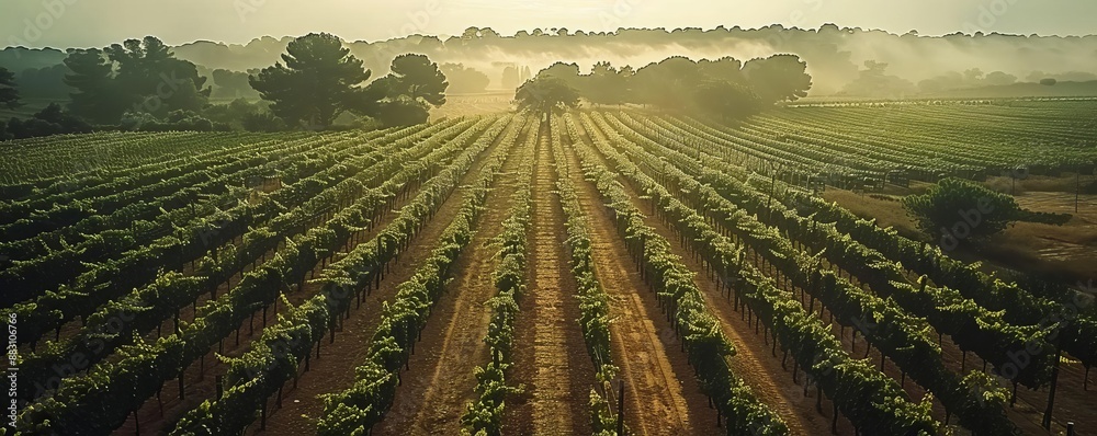 Drone view of a sprawling vineyard in the countryside, rows of grapevines and a rustic farmhouse, Vintage, Sepia, Watercolor, pastoral and serene Drone view of a sprawling vineyard in the countryside, rows of grapevines and a rustic farmhouse, Vintage, Sepia, Watercolor, pastoral and serene