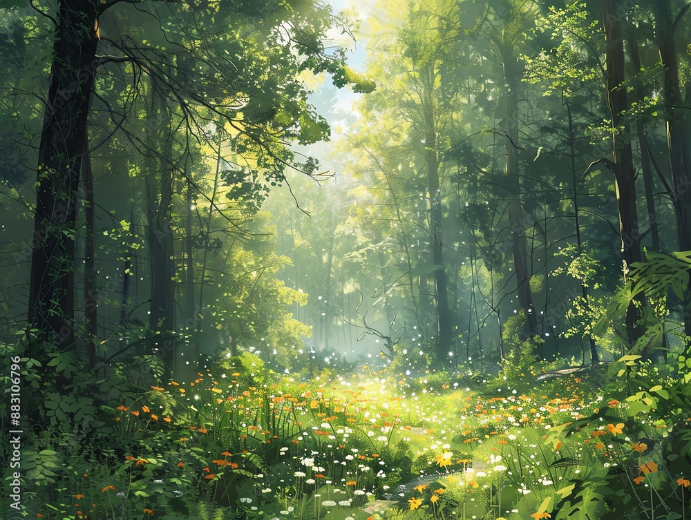 Obraz premium Dense forest in spring, fresh green leaves, wildflowers blooming, and sunlight filtering through