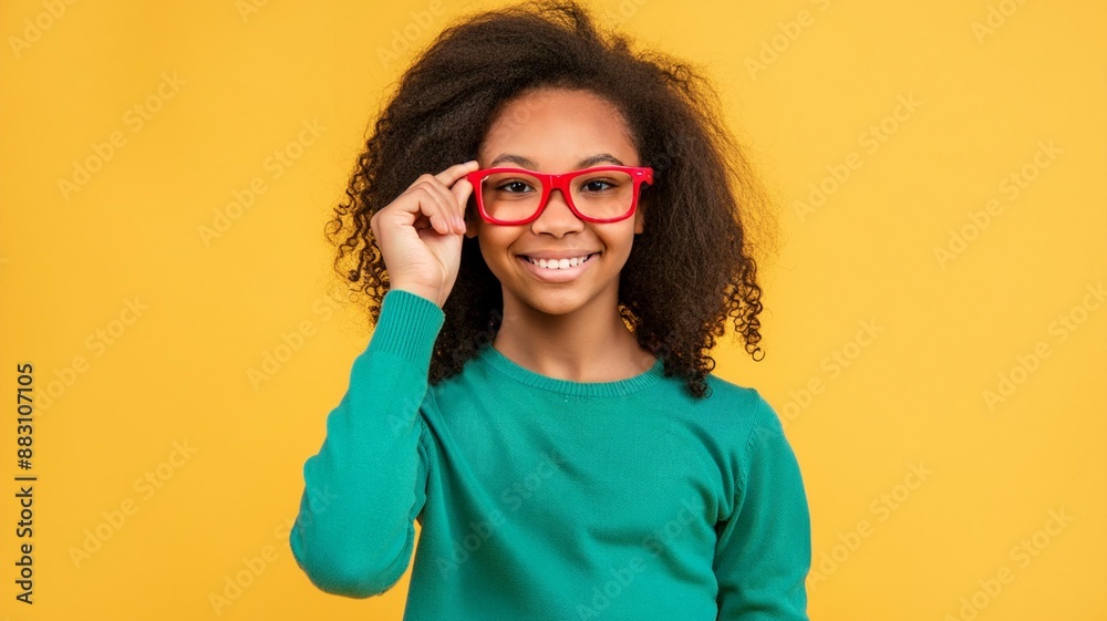 A black girl wearing red glasses isolated on yellow background A black girl wearing red glasses isolated on yellow background