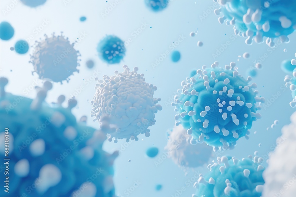 Abstract artwork of coronavirus with white and blue spherical shapes. Abstract artwork of coronavirus with white and blue spherical shapes.