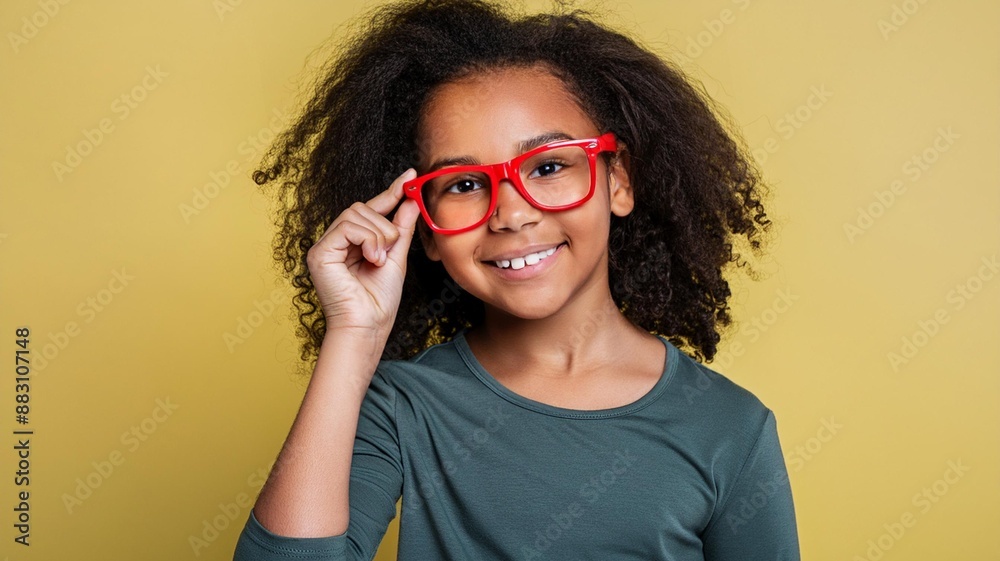 A black girl wearing red glasses isolated on yellow background A black girl wearing red glasses isolated on yellow background