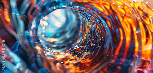 An HD close-up of a vibrant, swirling liquid inside a glass bottle mockup with light reflections photo