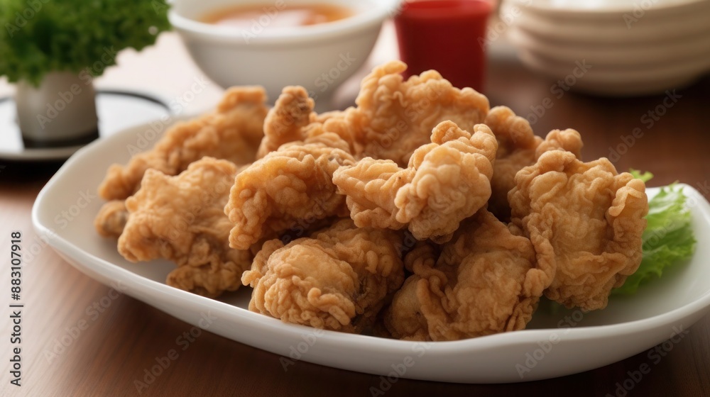 Scrumptious golden brown crispy fried chicken on a white plate Scrumptious golden brown crispy fried chicken on a white plate