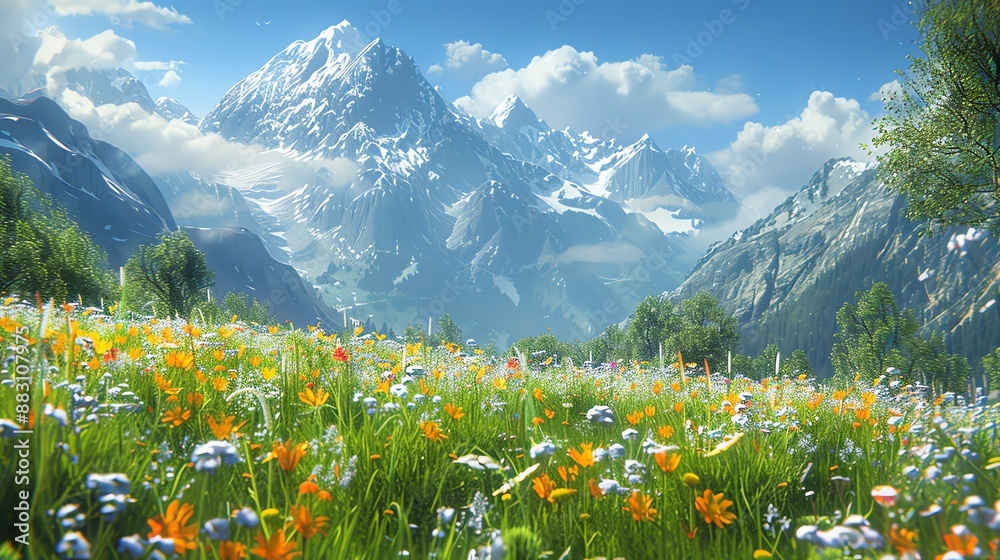 Fototapeta premium Serene alpine meadow with wildflowers, majestic mountain backdrop, and a clear blue sky