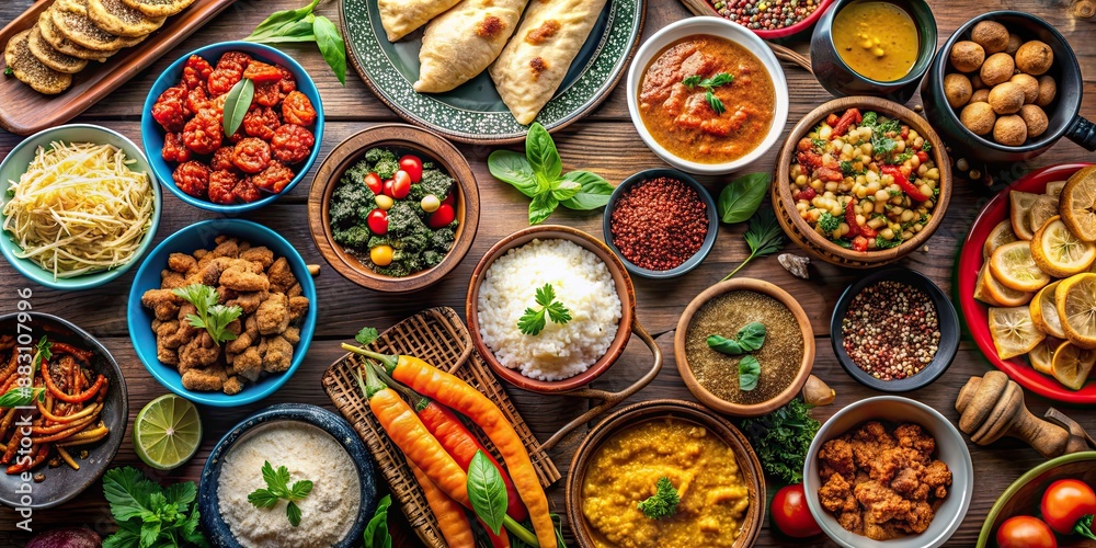 Assortment of international foods from around the world, global, cuisine, diverse, delicacies, multicultural, cooking Assortment of international foods from around the world, global, cuisine, diverse, delicacies, multicultural, cooking