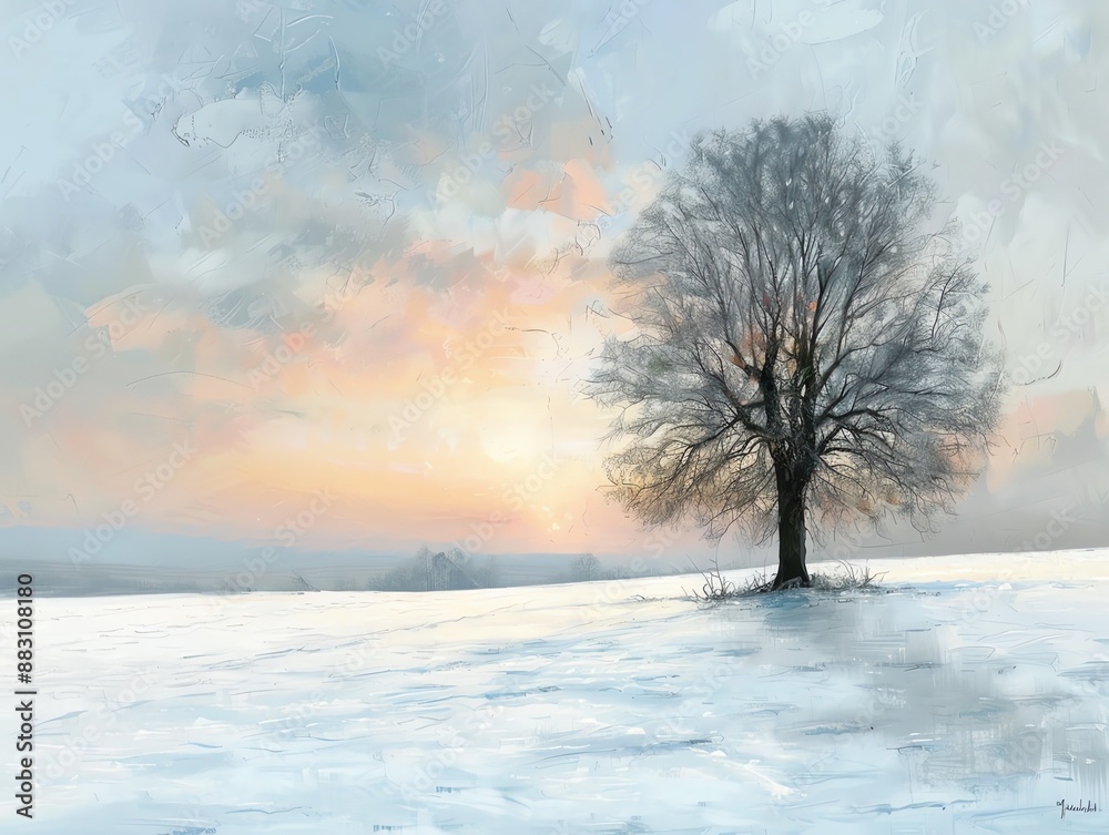 Serene winter landscape, snow-covered fields, a solitary tree, and a soft pastel sunset Serene winter landscape, snow-covered fields, a solitary tree, and a soft pastel sunset