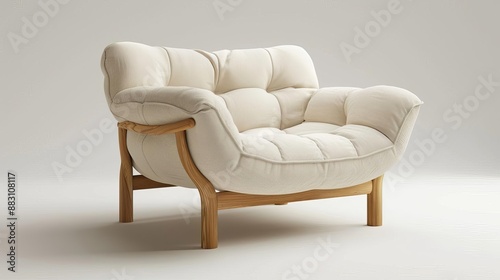 Clear view of a modern IKEA armchair with a natural wood frame, sleek design, white backdrop, 3D rendering