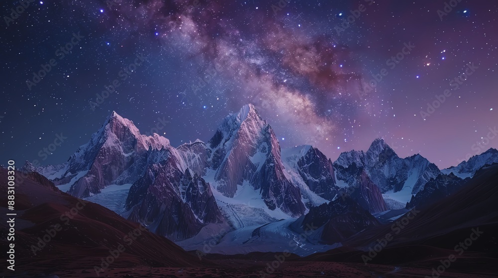 Snow-capped mountains under a clear sky, the Milky Way arching above, and a serene valley Snow-capped mountains under a clear sky, the Milky Way arching above, and a serene valley