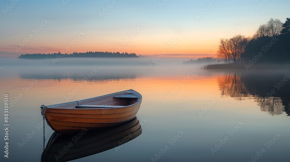 Tranquil lake at dawn with a thin layer of mist, reflections of trees and sky, and a small rowboat Tranquil lake at dawn with a thin layer of mist, reflections of trees and sky, and a small rowboat