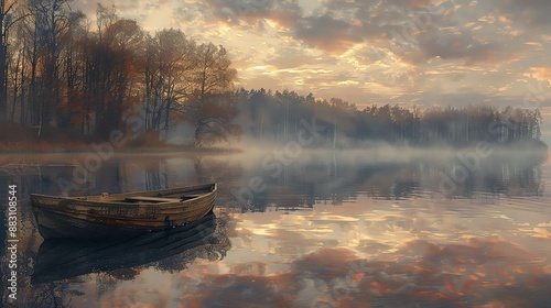 Tranquil lake at dawn with a thin layer of mist, reflections of trees and sky, and a small rowboat photo