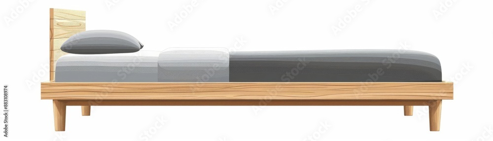 Closeup of a minimalist IKEA bed with a natural wood frame, isolated white background, Illustration, Pastel colors Closeup of a minimalist IKEA bed with a natural wood frame, isolated white background, Illustration, Pastel colors