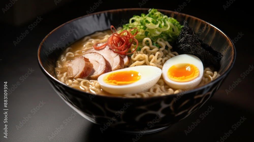 Traditional Japanese ramen bowl with noodles egg and meat in savory broth Traditional Japanese ramen bowl with noodles egg and meat in savory broth