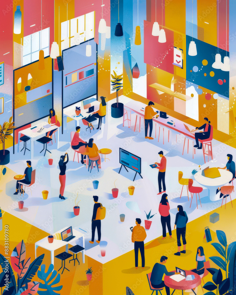 Modern Office Space Illustration with People Working and Relaxing Modern Office Space Illustration with People Working and Relaxing