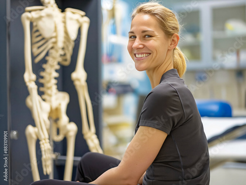 Obraz na płótnie A smiling woman in a medical setting sits near a skeleton model, possibly discussing health or anatomy w salonie