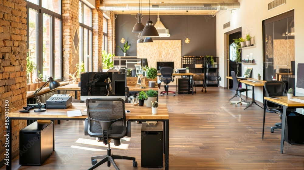 Modern Office Interior Design with Wooden Desks and Black Chairs. Modern Office Interior Design with Wooden Desks and Black Chairs.