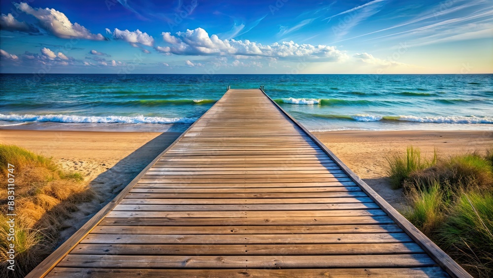 Fototapeta premium Boardwalk with wooden planks leading out to the sea, boardwalk, pier, beach, ocean, summer, vacation, resort, leisure