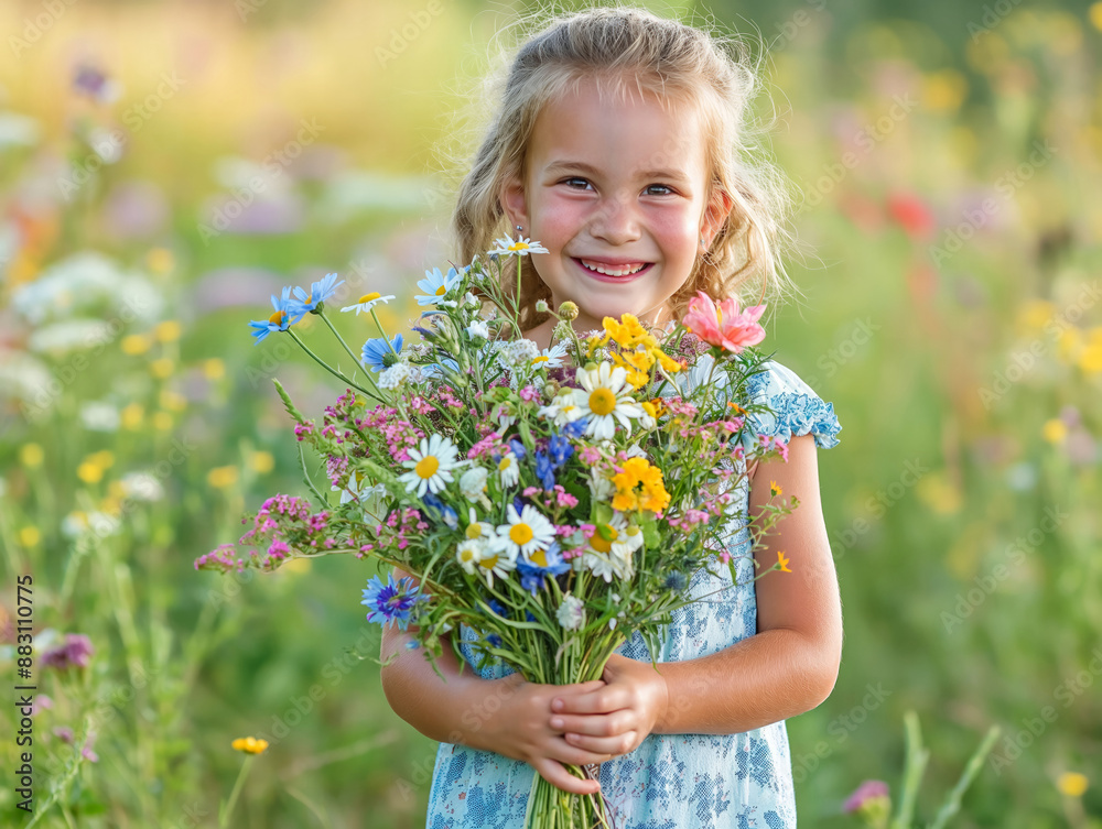 A smiling girl in a blue dress holds a colorful bouquet of wildflowers in a lush, green meadow A smiling girl in a blue dress holds a colorful bouquet of wildflowers in a lush, green meadow