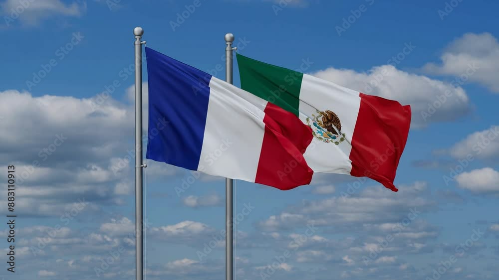 Mexico and France flags flying together, video concept of the relationship, two country relations concept Mexico and France flags flying together, video concept of the relationship, two country relations concept