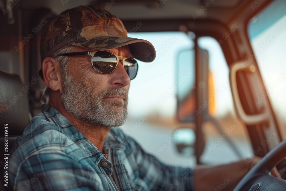 Professional middle aged truck driver in casual clothes driving truck vehicle going for a long transportation route, Generative AI Professional middle aged truck driver in casual clothes driving truck vehicle going for a long transportation route, Generative AI