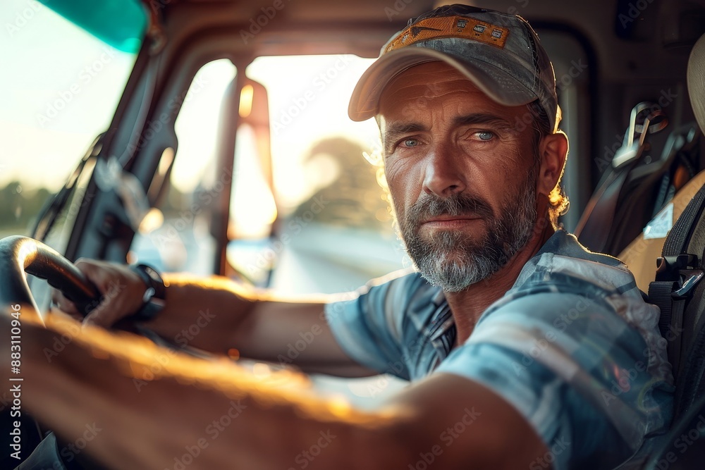 Professional middle aged truck driver in casual clothes driving truck vehicle going for a long transportation route, Generative AI Professional middle aged truck driver in casual clothes driving truck vehicle going for a long transportation route, Generative AI