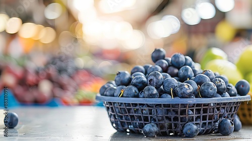 Wallpaper Mural Close-up of a basket filled with fresh blueberries at a market, with a colorful and blurred background of assorted fruits. Torontodigital.ca